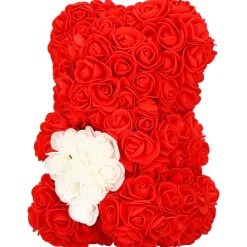 Miś z róż 22 cm czerwony, różany LED ciepły biały dekoracja