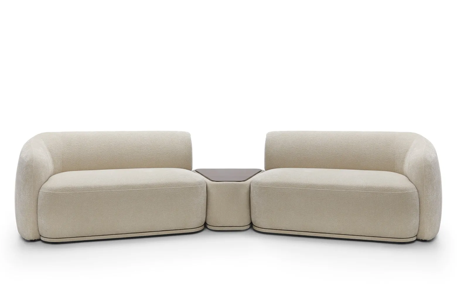 Modułowa sofa + trójkątna pufa z blatem beżowa NOBIS z zaokrąglonymi bokami