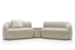 Modułowa sofa + trójkątna pufa z blatem beżowa NOBIS z zaokrąglonymi bokami