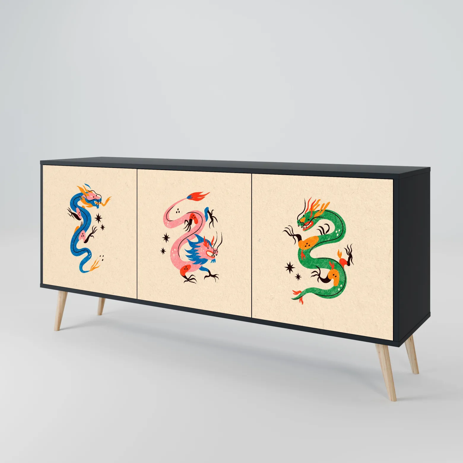 MYTHOLOGICAL CREATURES Komoda 3 drzwi Czarna-Bukowa skośna