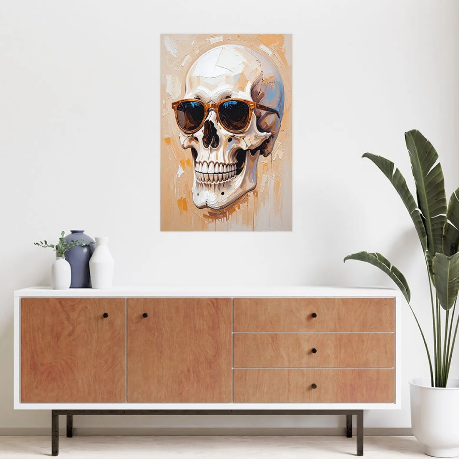 Naklejka na ścianę do salonu Feeby Czaszka w okularach efekt farby 20x30