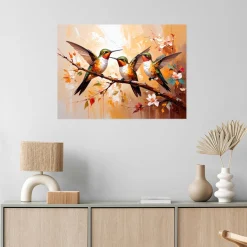 Naklejka samoprzylepna Feeby Kolorowe Kolibry Ptaki na beżowym tle 30x20
