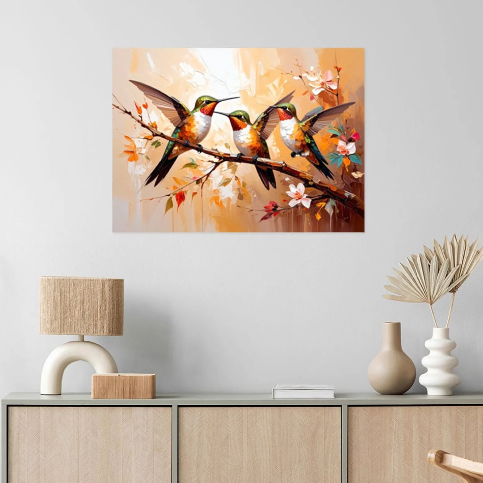 Naklejka samoprzylepna Feeby Kolorowe Kolibry Ptaki na beżowym tle 30x20