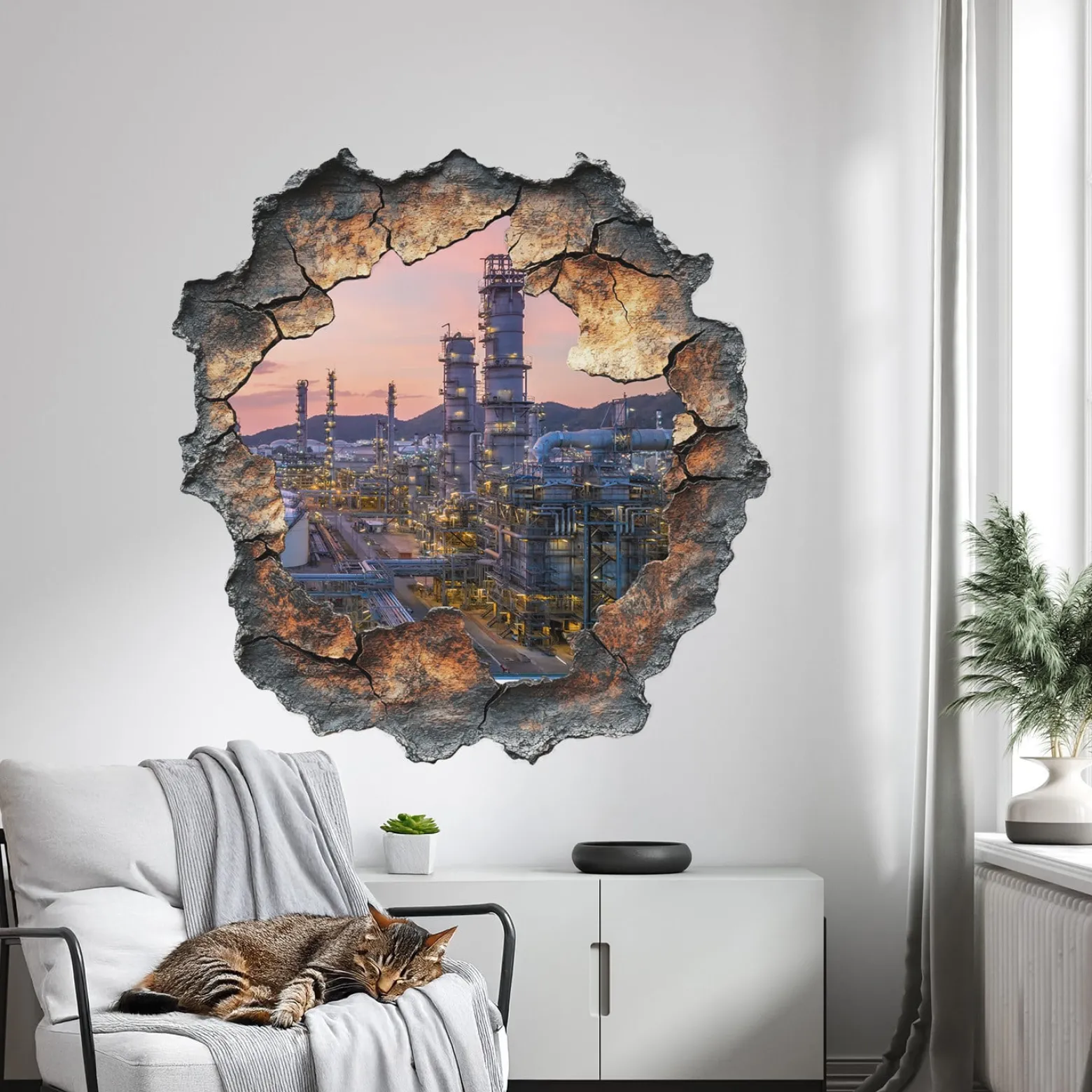 Naklejka wyrwa w ścianie wieże rafinerii efekt 3D 78x80