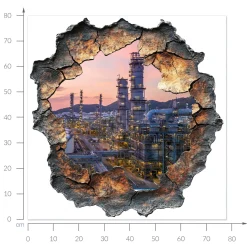Naklejka wyrwa w ścianie wieże rafinerii efekt 3D 78x80