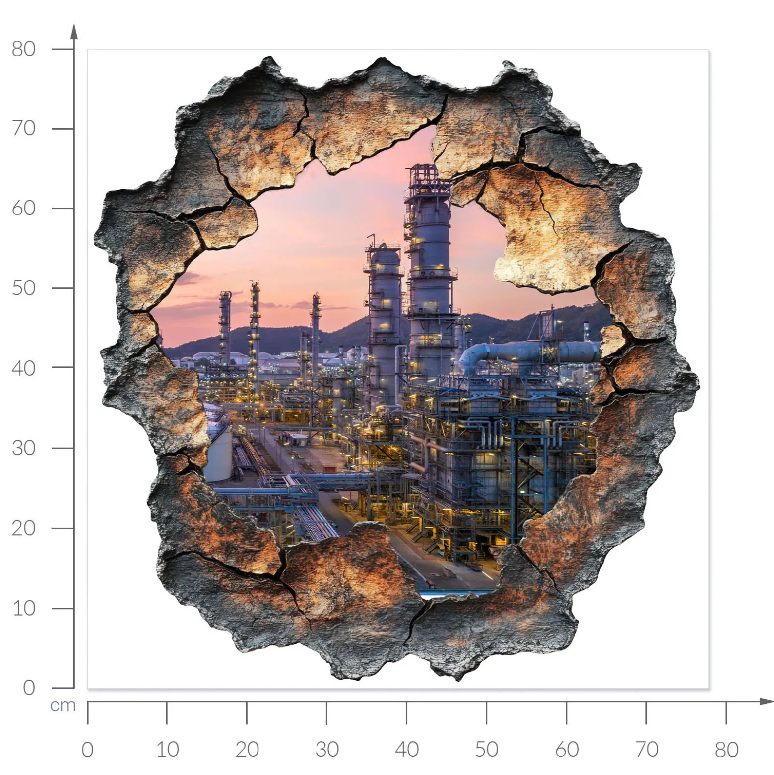 Naklejka wyrwa w ścianie wieże rafinerii efekt 3D 78x80