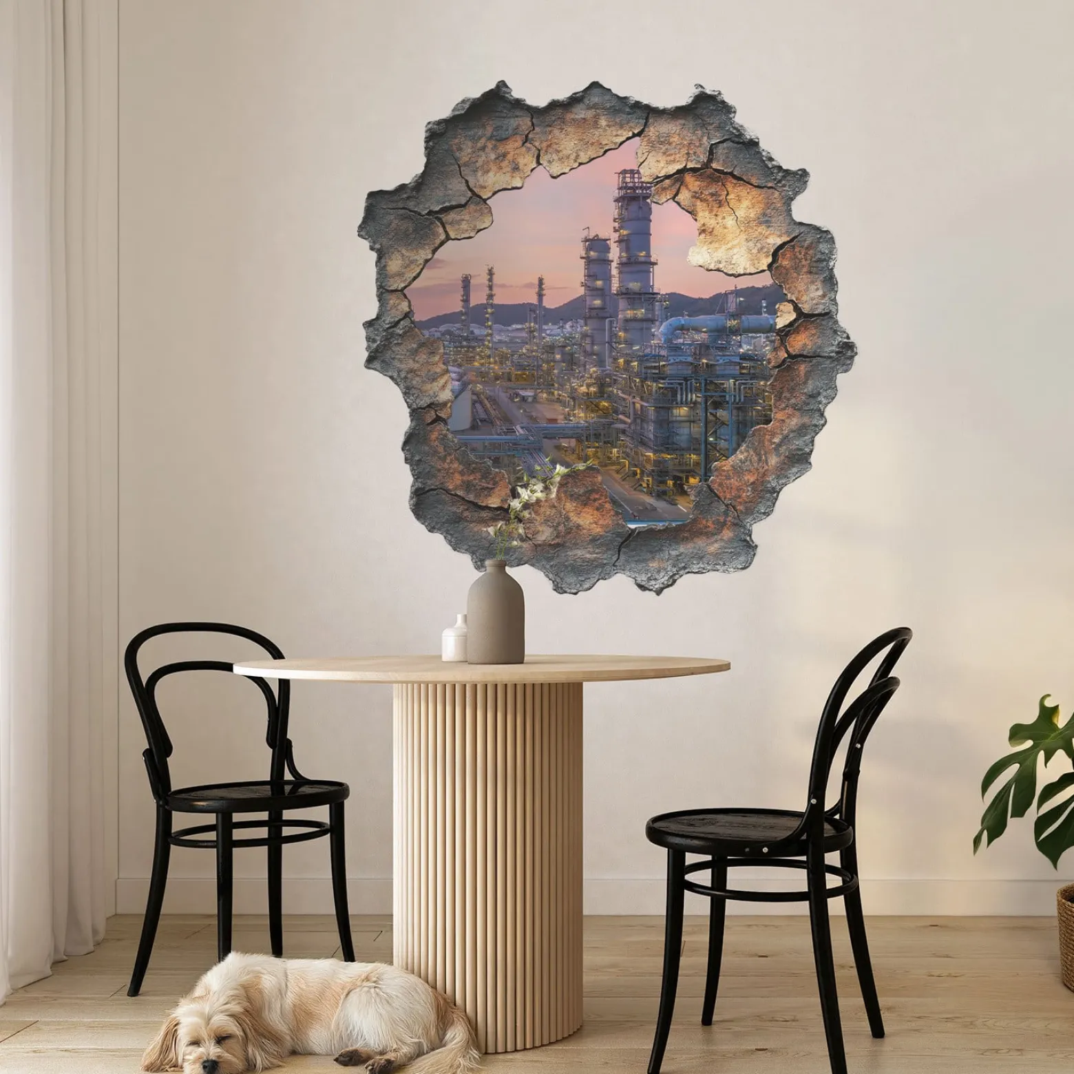 Naklejka wyrwa w ścianie wieże rafinerii efekt 3D 78x80