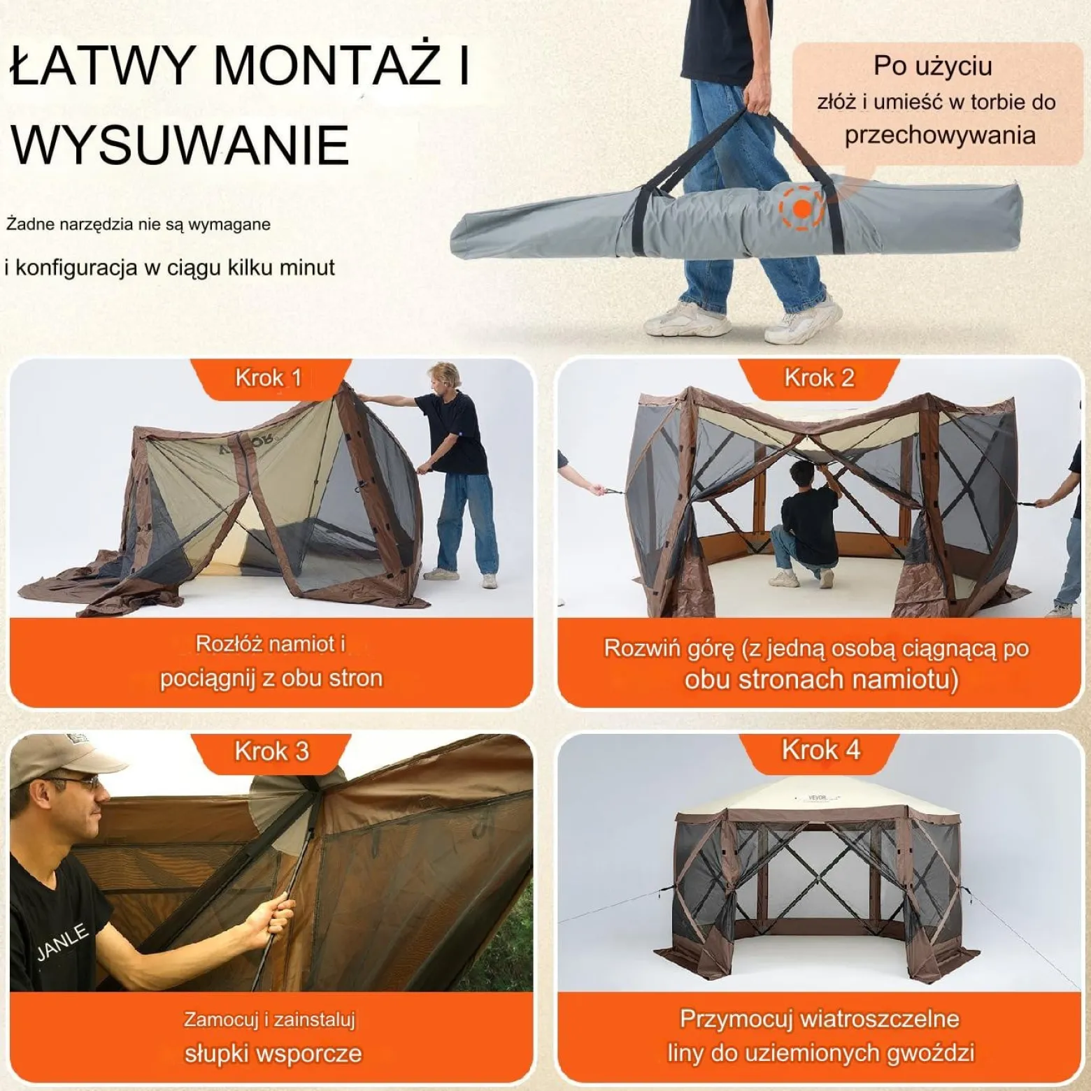 Namiot ogrodowy z siatką na komary 3.8 m brązowy 6 ścian przeciwdeszczowych