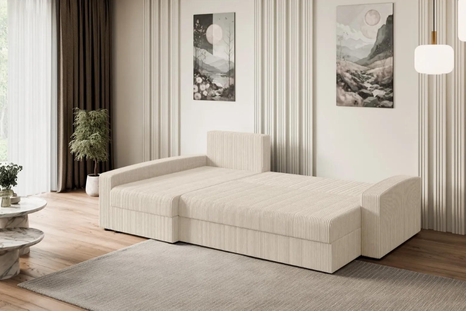Narożnik z funkcją spania i pojemnikiem ALESIA-L 231x140x90 cm Beżowy