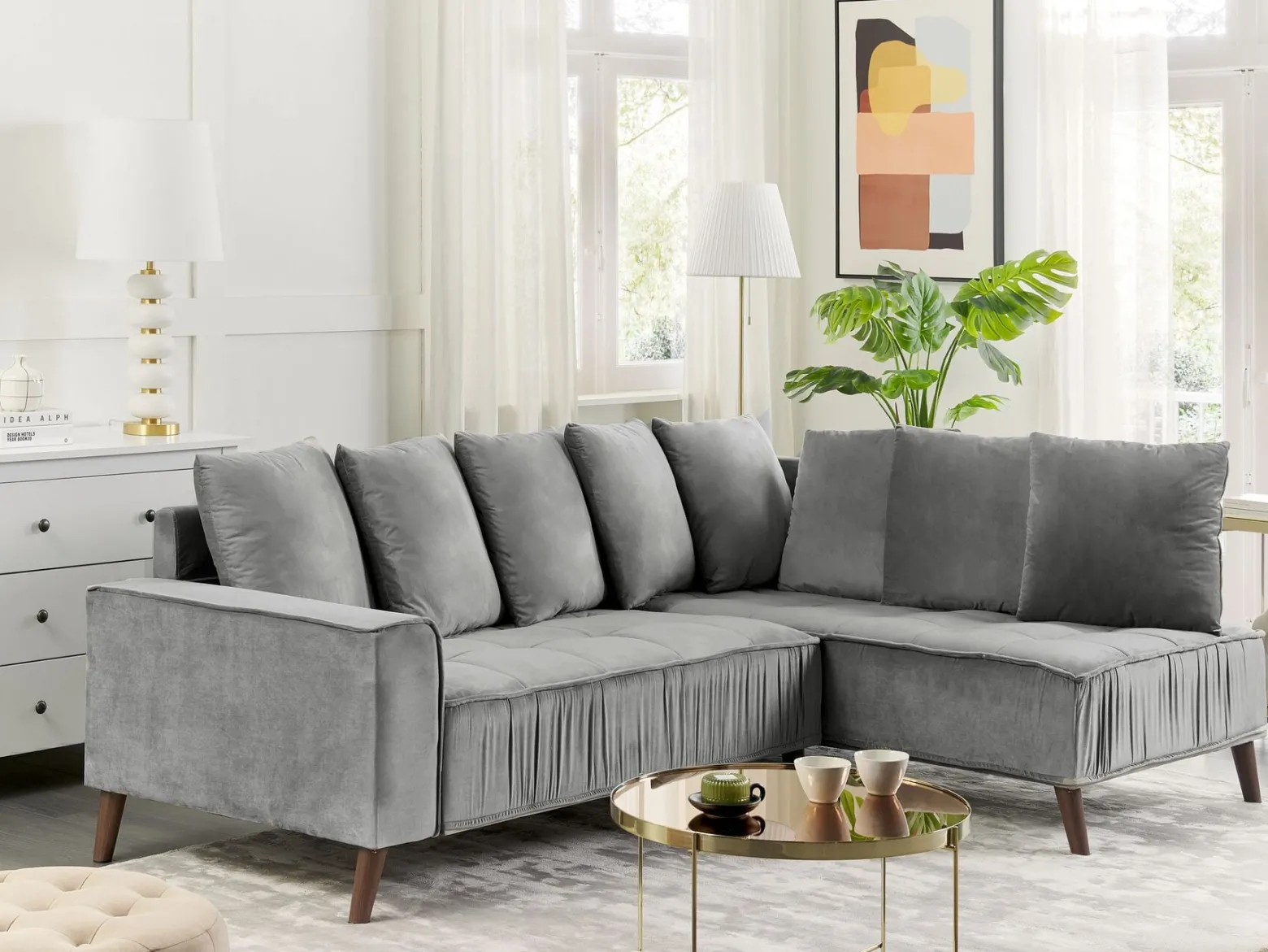 Narożnik sofa duża welurowa jasnoszara