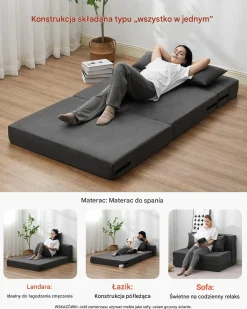 Narożnik sofa rozkładana 3w1 z poduszkami ciemnoszara do salonu sypialni