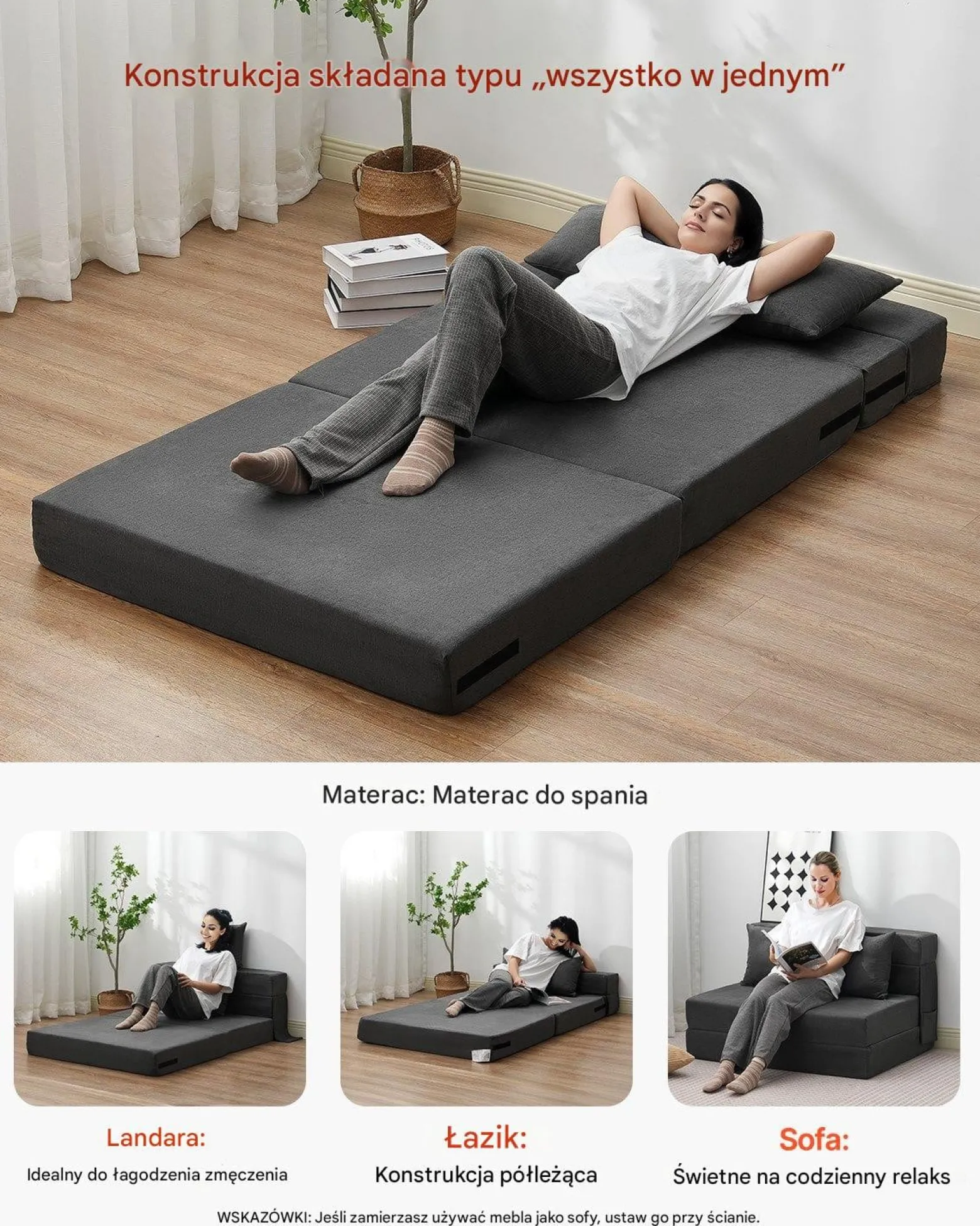 Narożnik sofa rozkładana 3w1 z poduszkami ciemnoszara do salonu sypialni