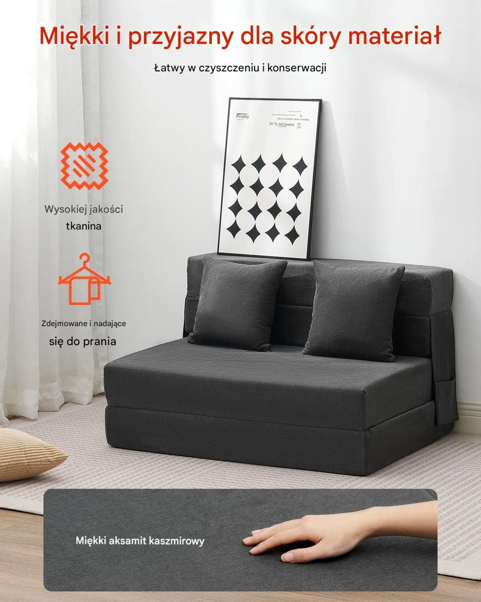 Narożnik sofa rozkładana 3w1 z poduszkami ciemnoszara do salonu sypialni