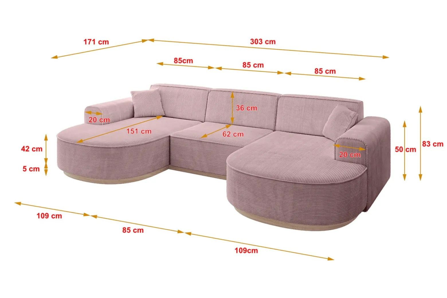 Narożnik uniwersalny bez funkcji spania MARI-U1-v1 303x171x83 cm Różowy