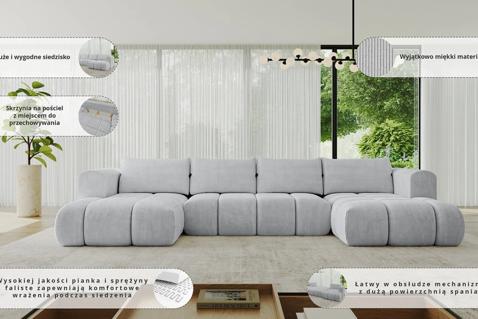 Narożnik uniwersalny z funkcją spania CLOUD-U 405x185x90 cm Beżowy