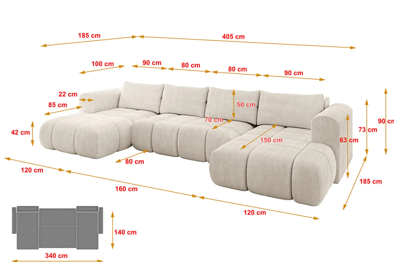 Narożnik uniwersalny z funkcją spania CLOUD-U 405x185x90 cm Beżowy