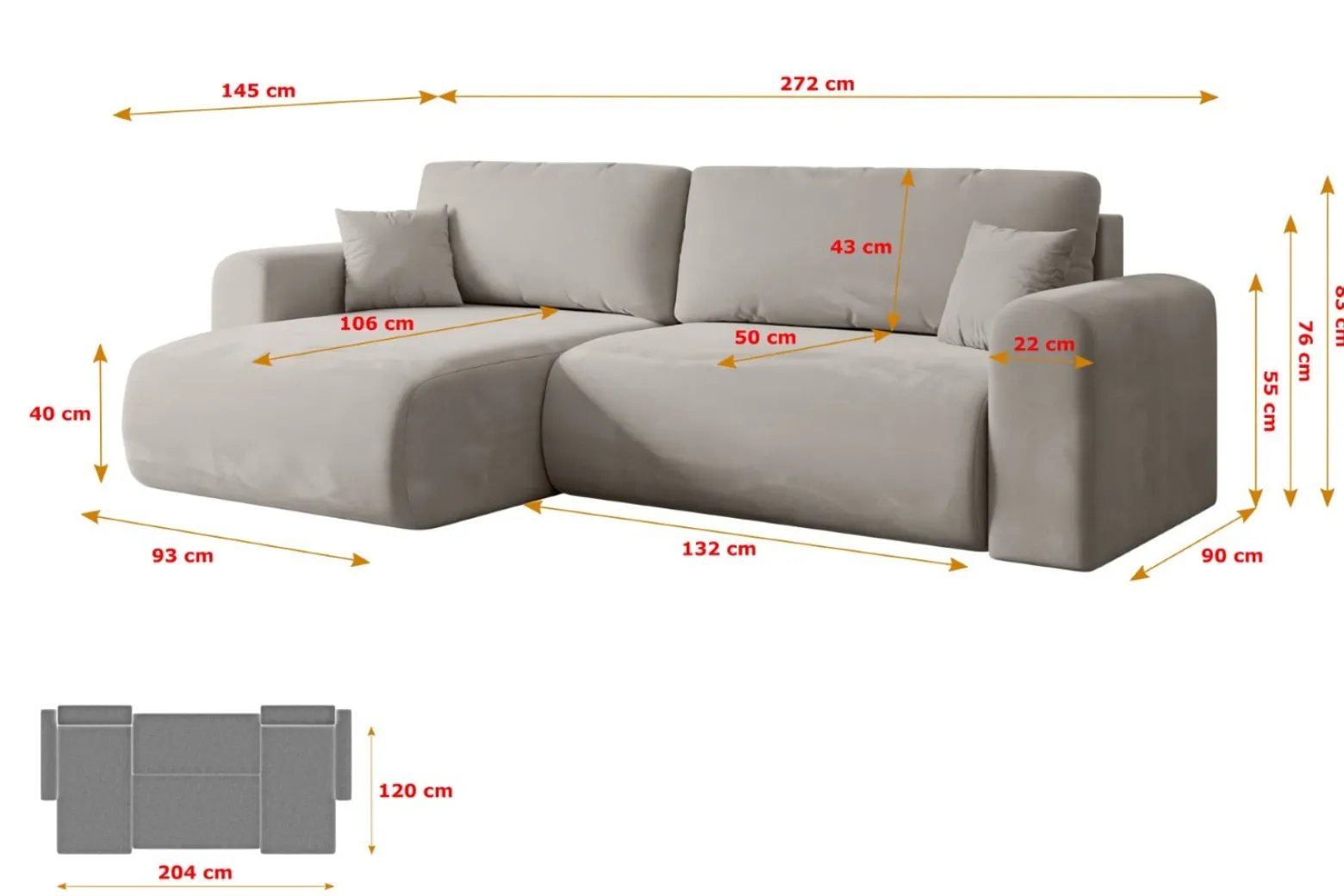 Narożnik z funkcją spania i pojemnikiem ORRO-L - 272x145x83cm Jasny brązowy