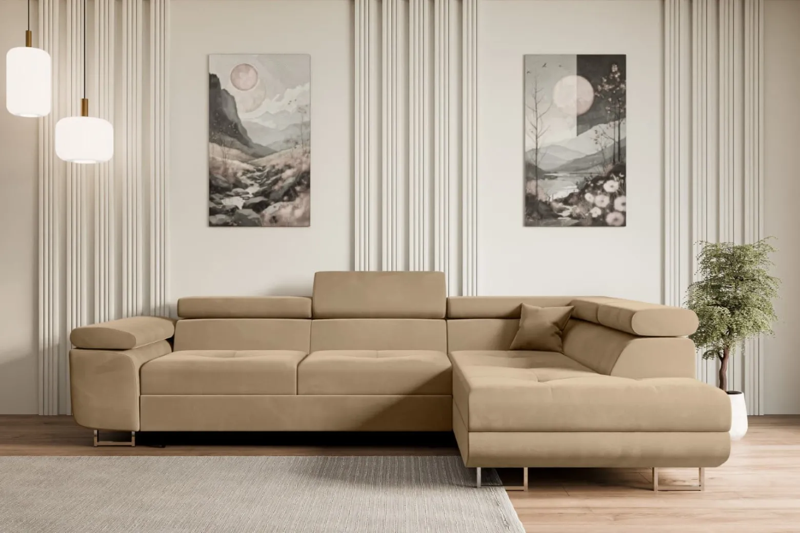 Narożnik z funkcją spania i pojemnikiem GUSA-L 256x165x84 cm Beżowy