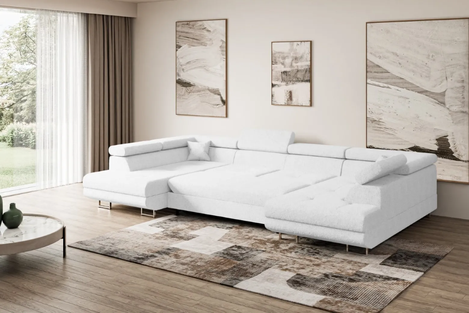 Narożnik z funkcją spania i pojemnikiem GUSA-U 342x202x107 cm Biały