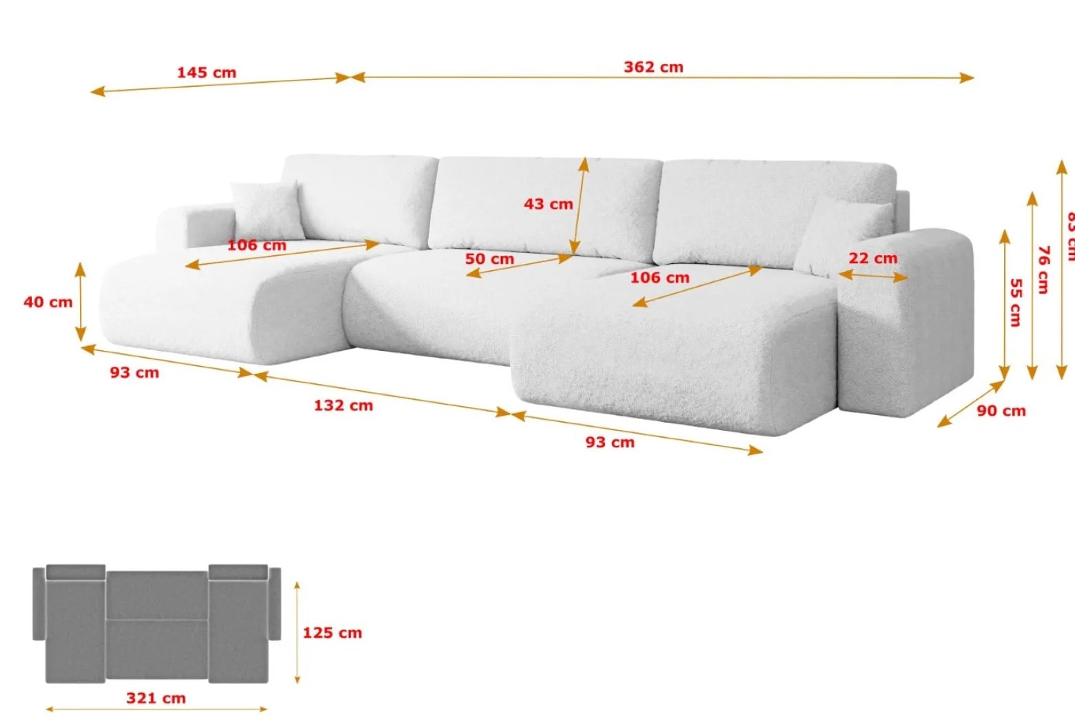 Narożnik z funkcją spania i pojemnikiem ORRO-U - 362x145x83cm Biały