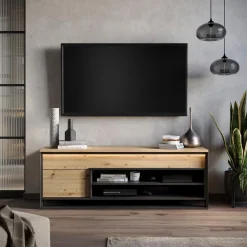 Nowoczesna szafka RTV QUANT z oświetleniem LED do salonu dąb artisan
