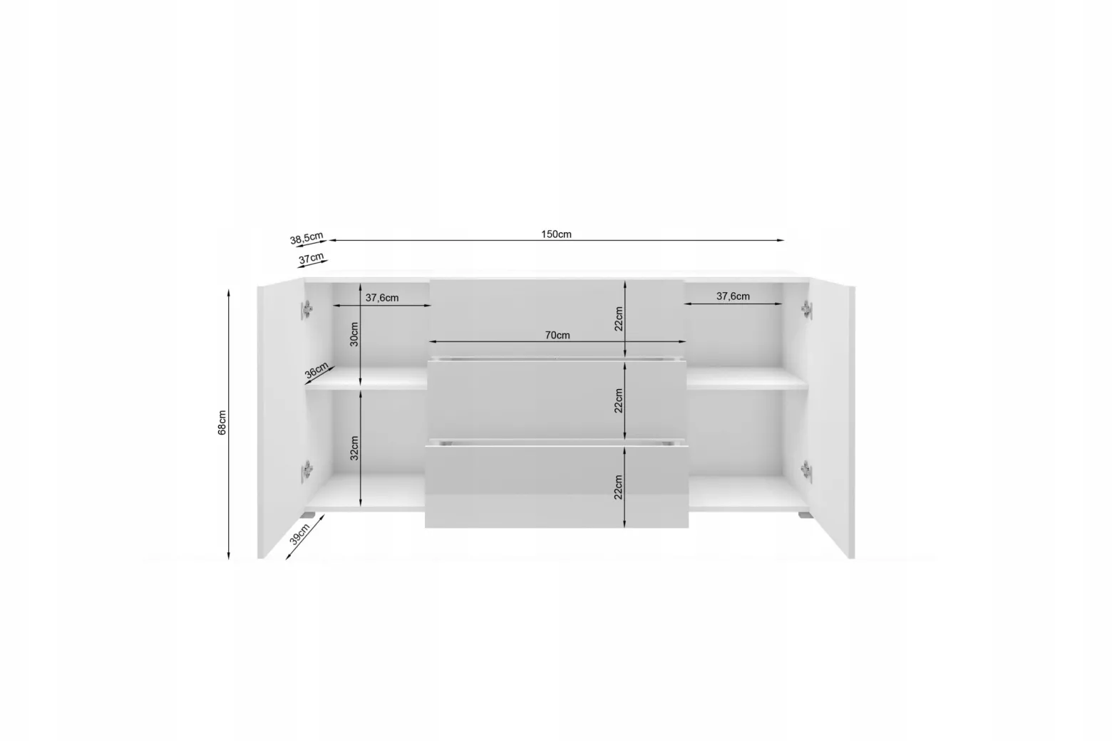 Nowoczesna komoda 150 cm do salonu, 3 szuflady 2 szafki, wotan/czarny mat