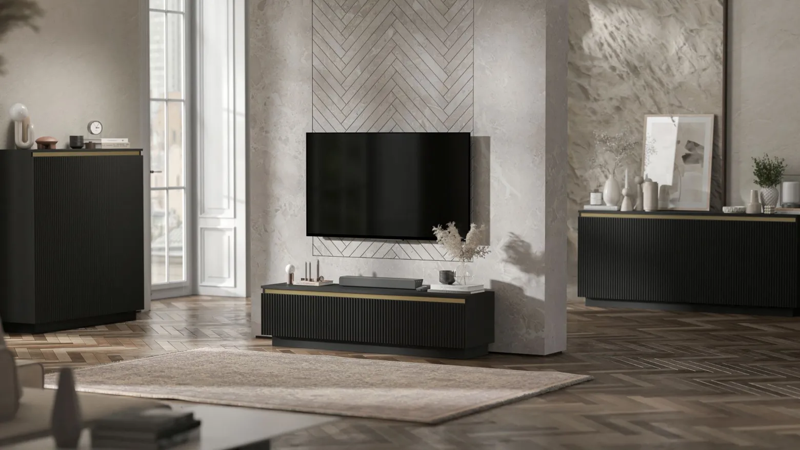 Nowoczesna Komoda RTV Glamour komoda czarny MAT złote akcenty 110,8 cm