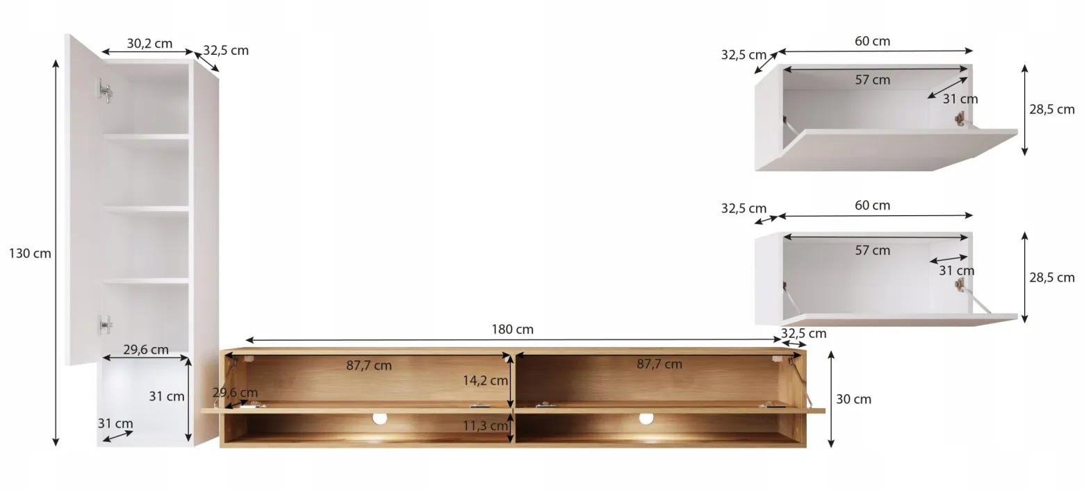 Nowoczesna meblościanka wiszący zestaw RTV 180 cm, biały mat/połysk z LED
