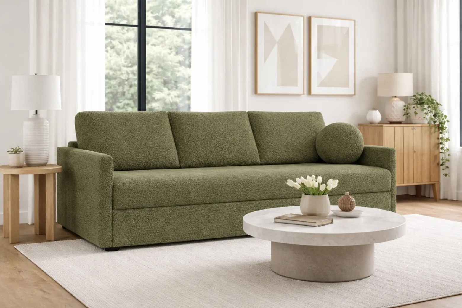 Nowoczesna sofa trzyosobowa SISI z funkcja spania w tkaninie Boucle zielona