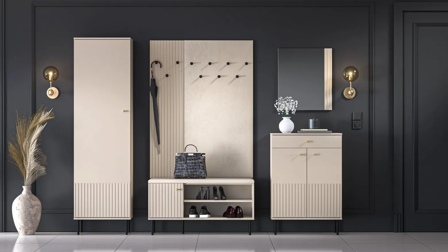 Nowoczesna Szafa 55 Cm Ryflowane Fronty Kaszmir Beż Glamour Przedpokój