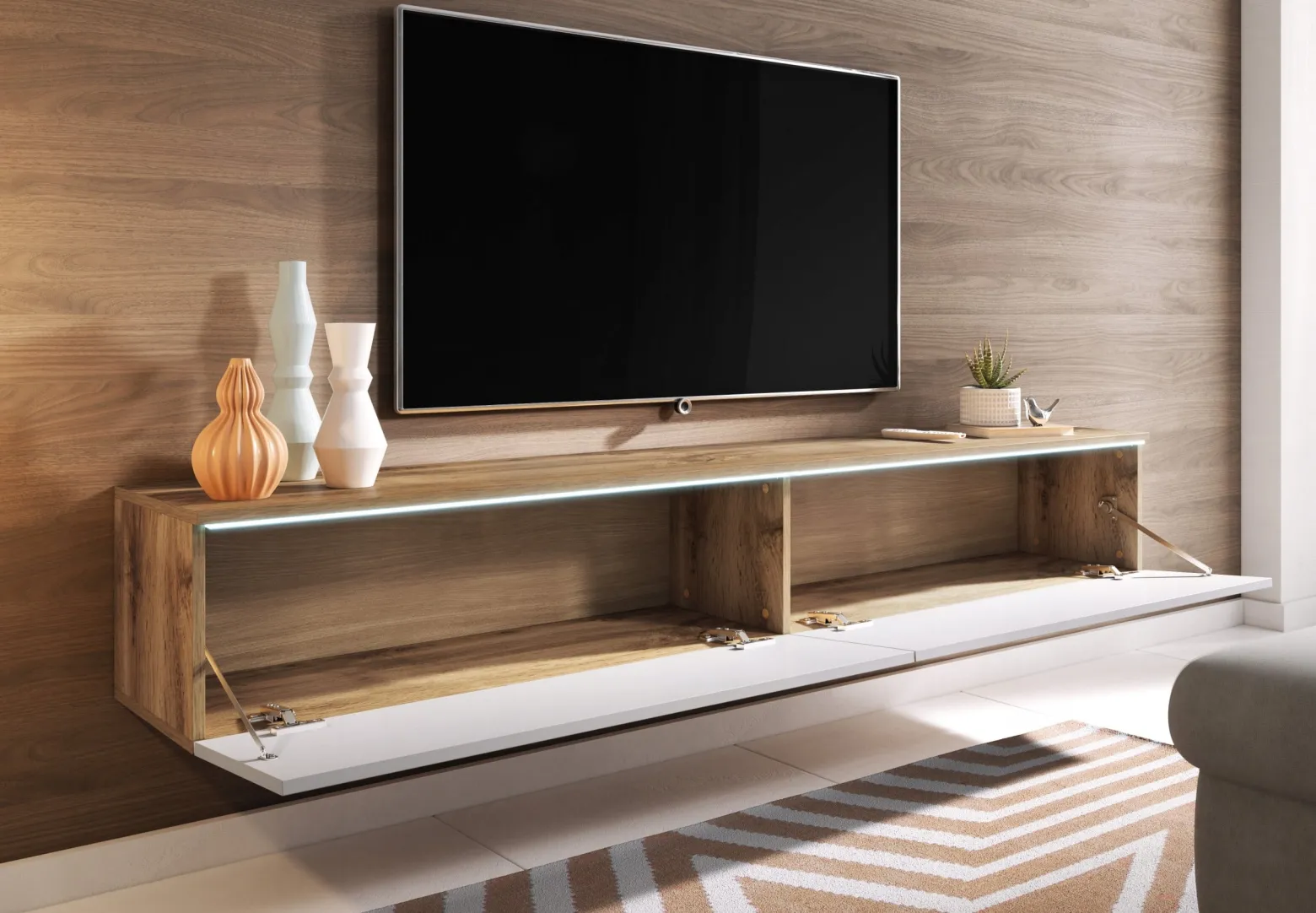Nowoczesna szafka RTV 180, bezuchwytowa, stojąca/wisząca wotan/biały połysk