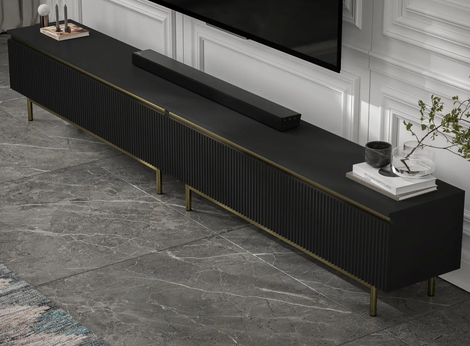 Nowoczesna Szafka RTV Glamour Komoda Czarny MAT metalowe ramy 280 cm