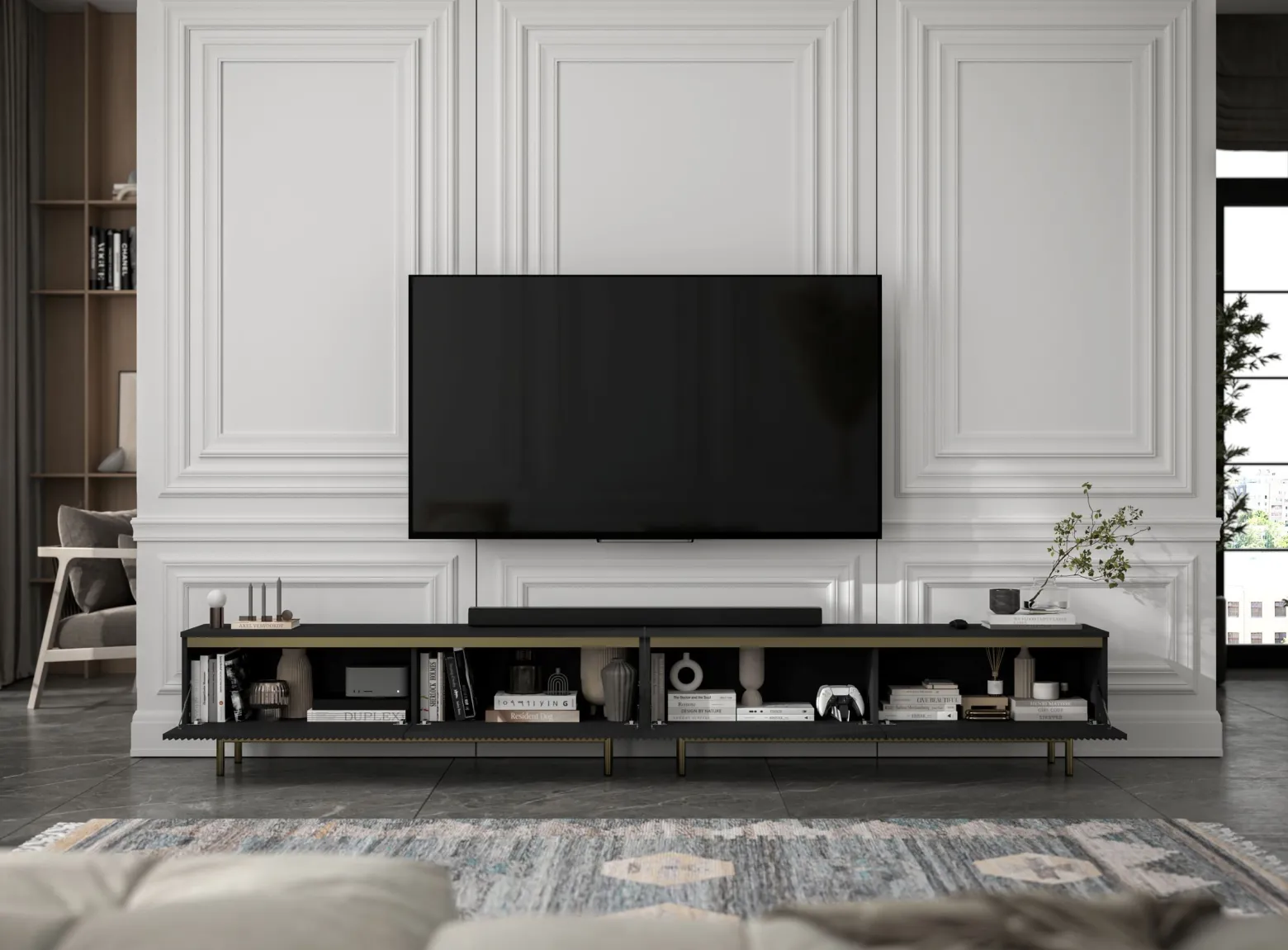Nowoczesna Szafka RTV Glamour Komoda Czarny MAT metalowe ramy 280 cm