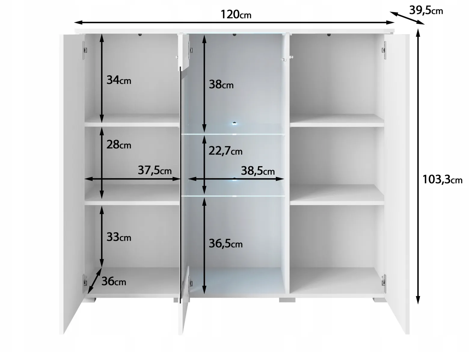Nowoczesna Szeroka Witryna, Highboard, Komoda Vera 120 Cm, Szklane Półki