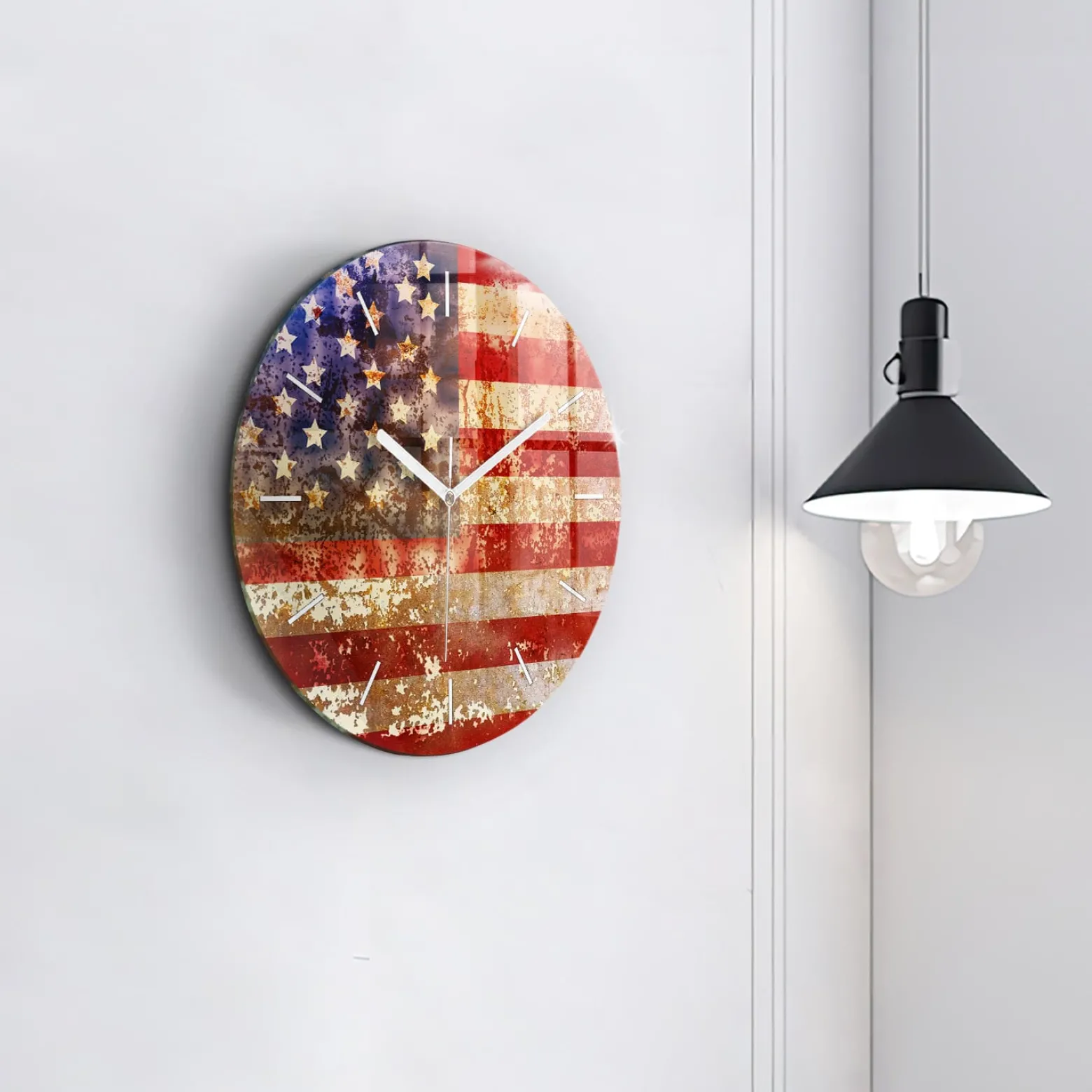 Nowoczesny szklany zegar ścienny Flaga USA w stylu vintage