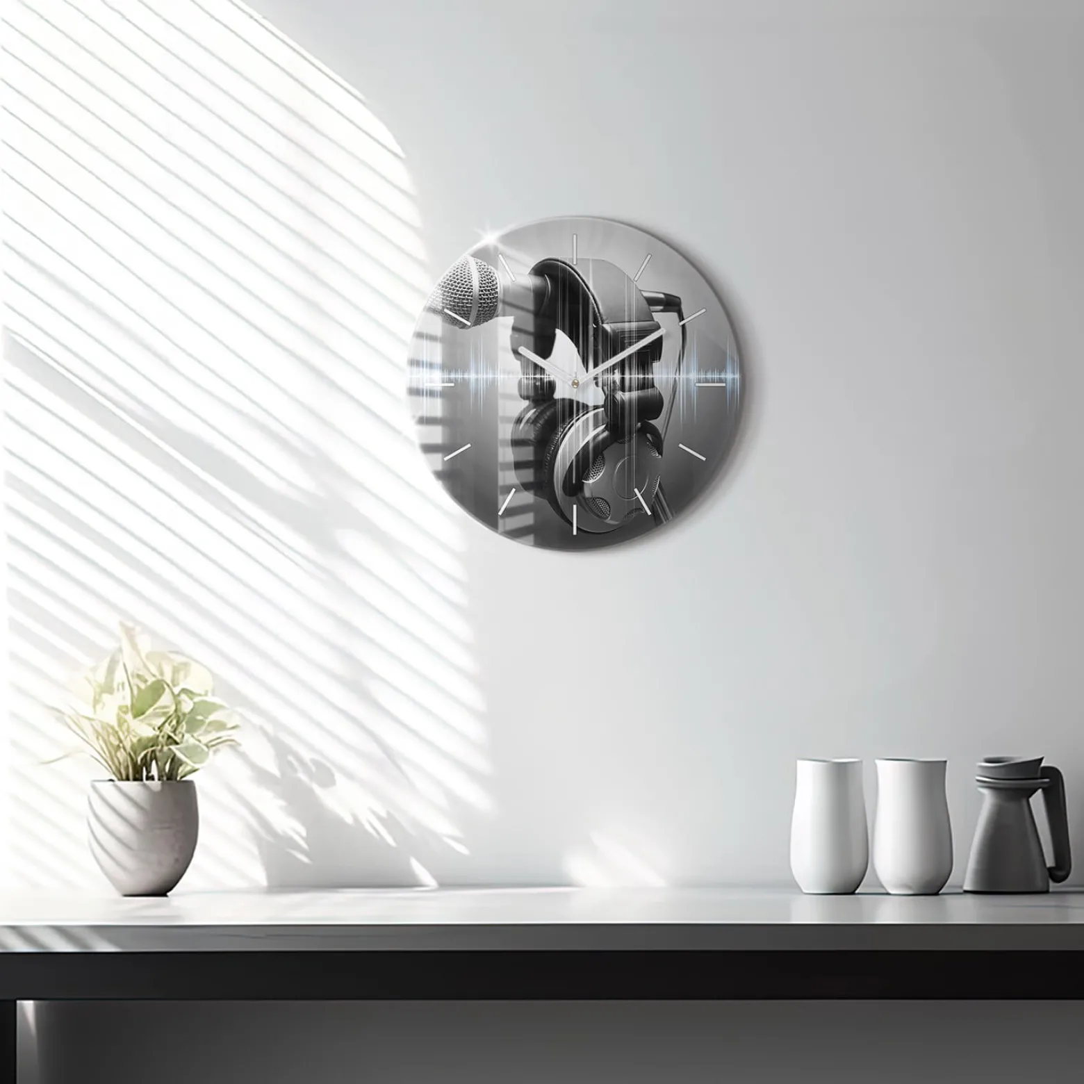 Nowoczesny szklany zegar ścienny Mikrofon i Słuchawki fi30