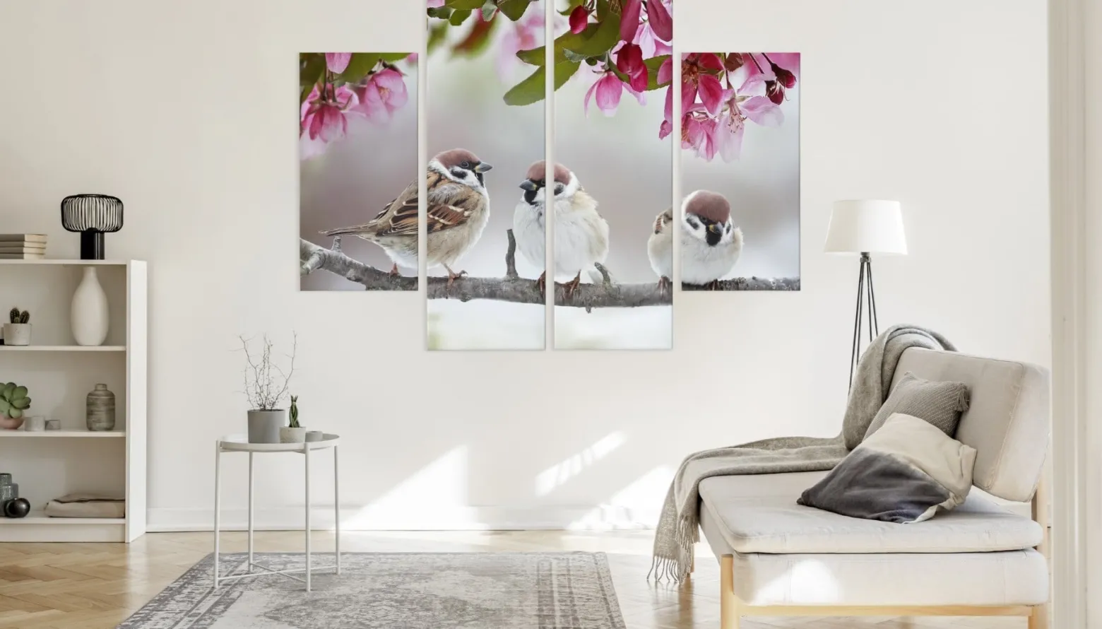 Obraz Tetraptyk Do Salonu Ptaki Pośród Kwiatów 80x60cm