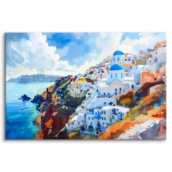 Obraz Akwarelowy Pejzaż Santorini 30x20cm