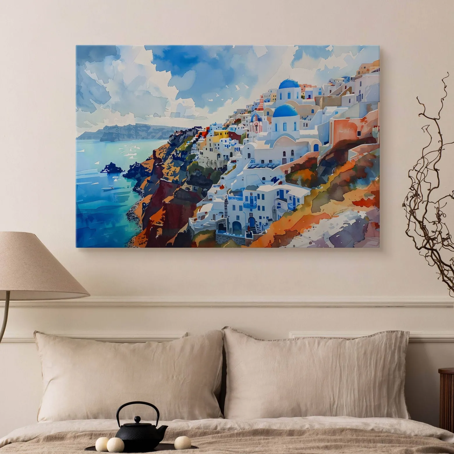 Obraz Akwarelowy Pejzaż Santorini 30x20cm