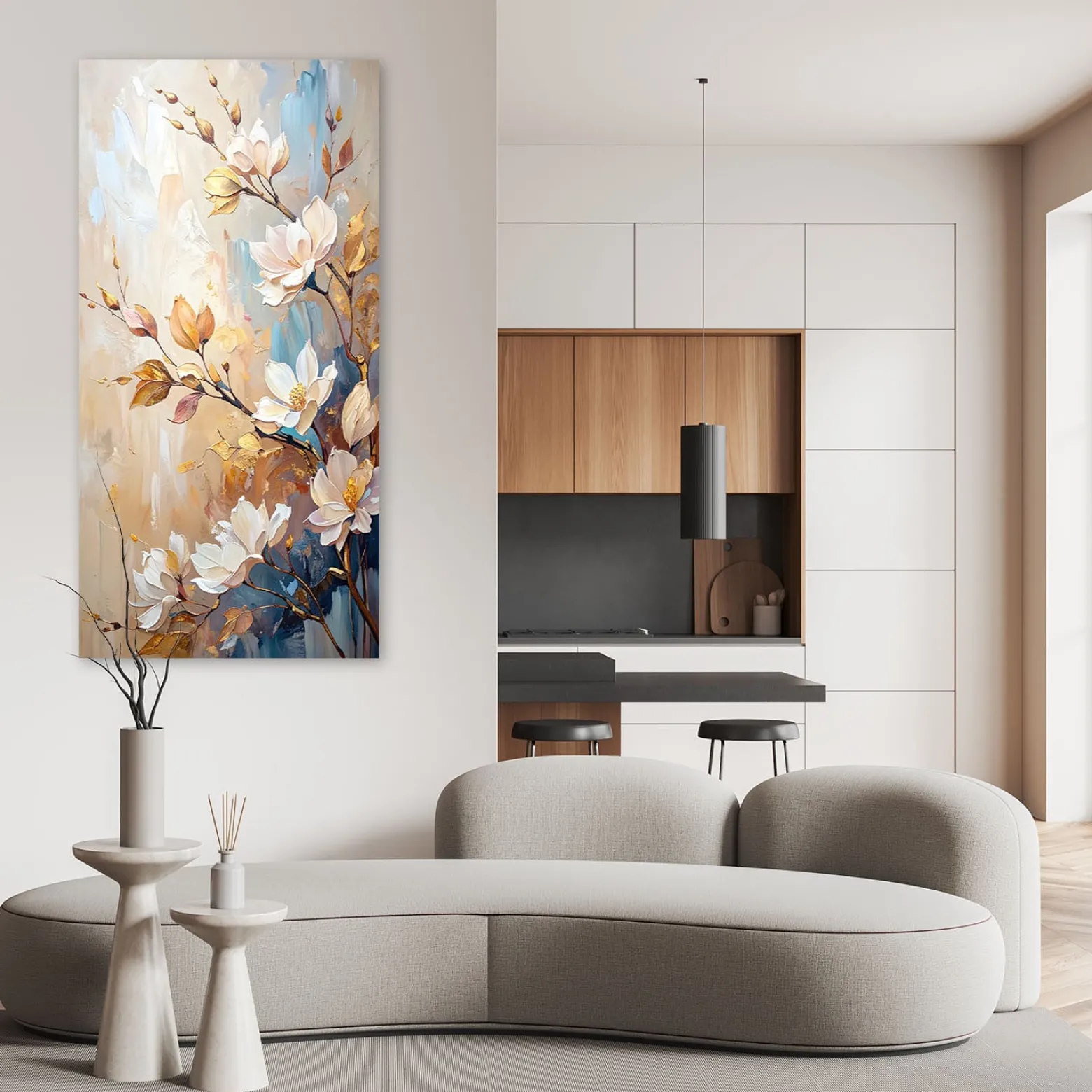 Obraz canvas do salonu kuchni, Kwiaty Gałązki Beżowy imitacja farby 40x80