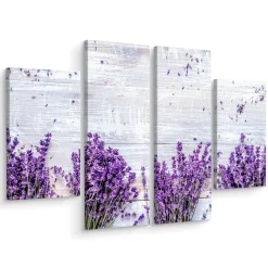 Obraz 4-Częściowy Kwiaty lawendy na tle desek 80x60cm