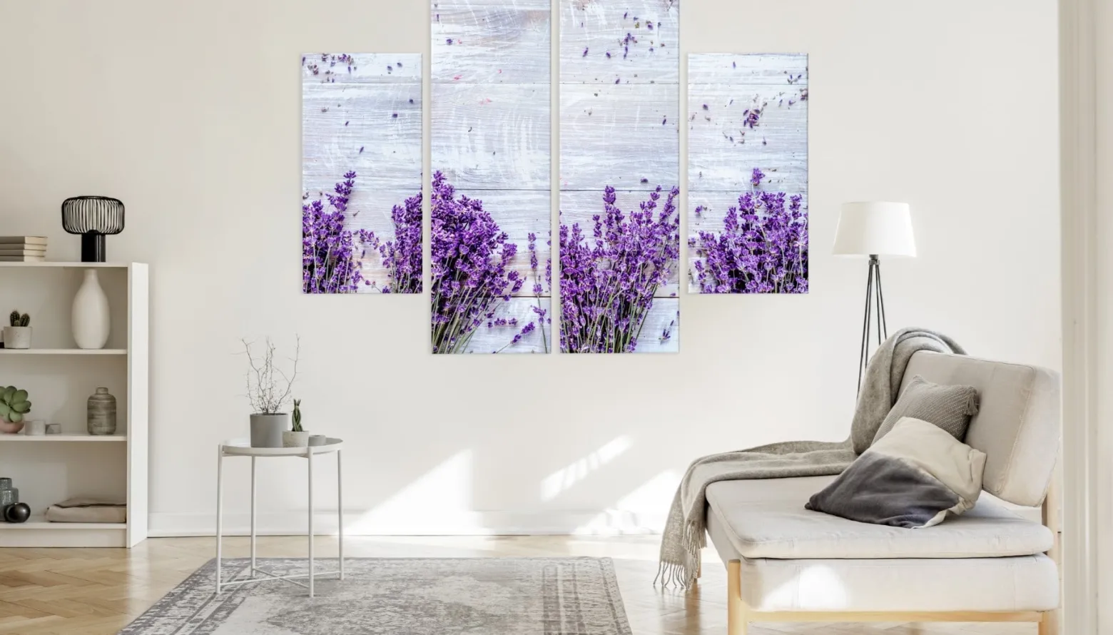 Obraz 4-Częściowy Kwiaty lawendy na tle desek 80x60cm