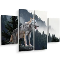 Obraz 4-Częściowy WILK w Lesie Pejzaż 3D 80x60cm