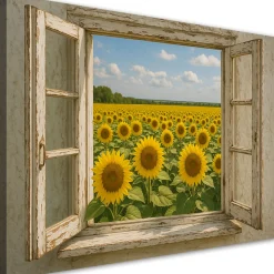 Obraz do salonu jadalni, Widok z okna Pole Słoneczniki Shabby Chic 30x20