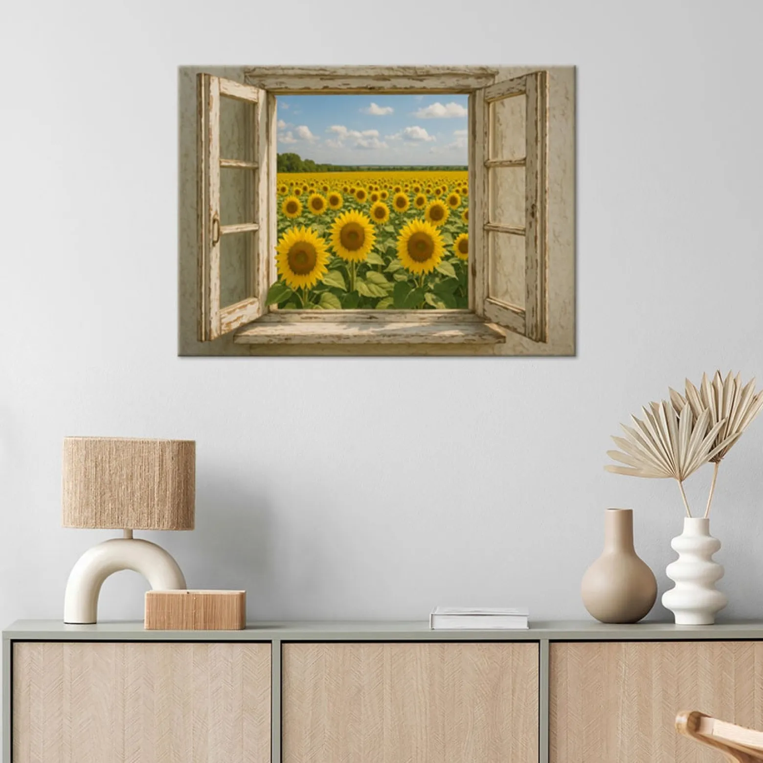 Obraz do salonu jadalni, Widok z okna Pole Słoneczniki Shabby Chic 30x20