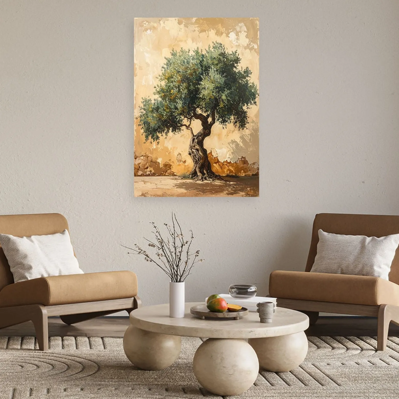 Obraz do salonu sypialni biura, Drzewko oliwne na tle muru beżowy 30x45