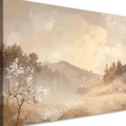 Obraz do salonu sypialni, Pastelowy Pejzaż Gór i Drzew Rustykalny 30x20