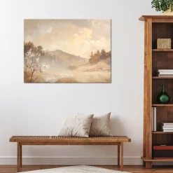 Obraz do salonu sypialni, Pastelowy Pejzaż Gór i Drzew Rustykalny 30x20