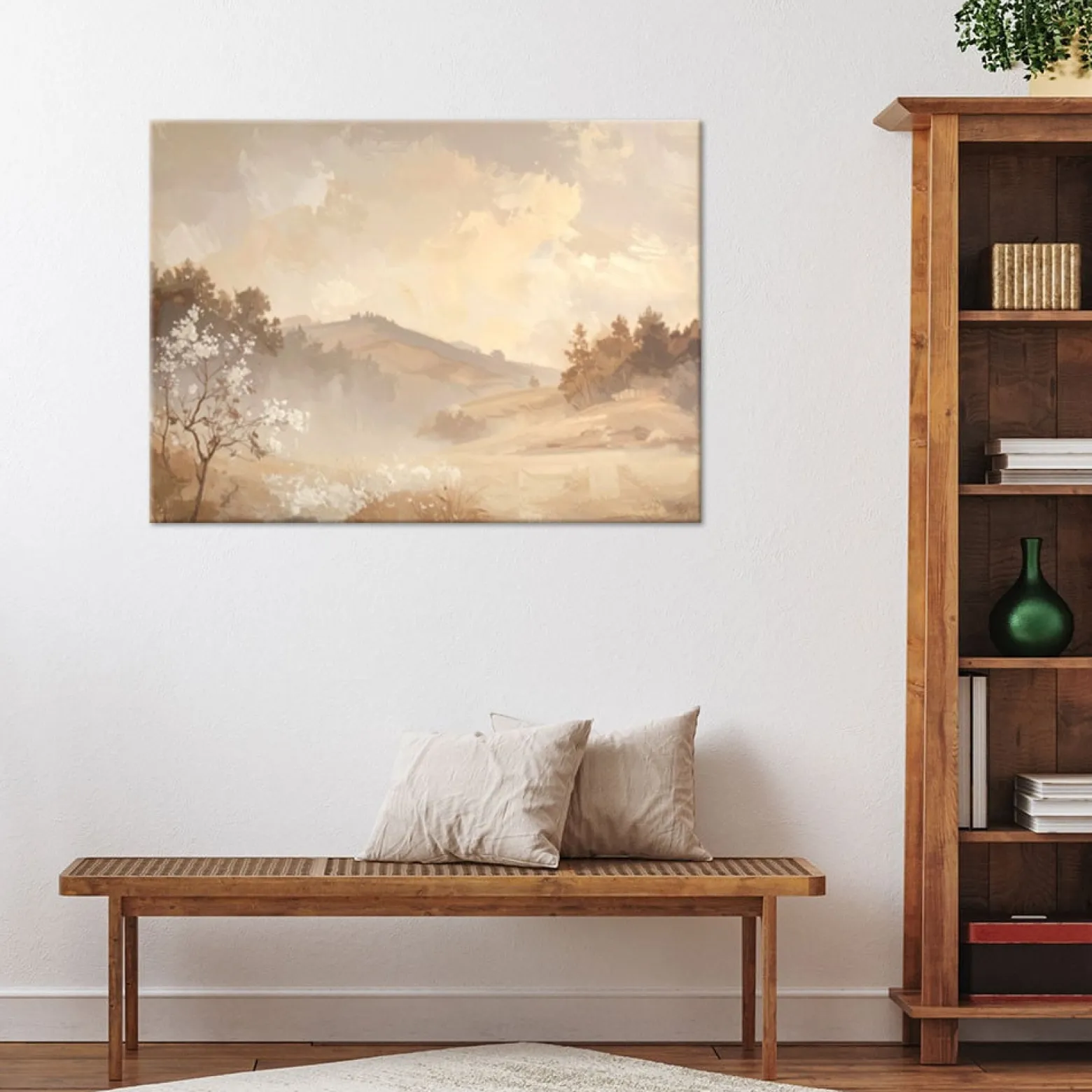 Obraz do salonu sypialni, Pastelowy Pejzaż Gór i Drzew Rustykalny 30x20