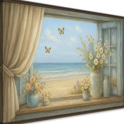 Obraz do salonu sypialni, Widok z okna na plażę Shabby Chic 30x20